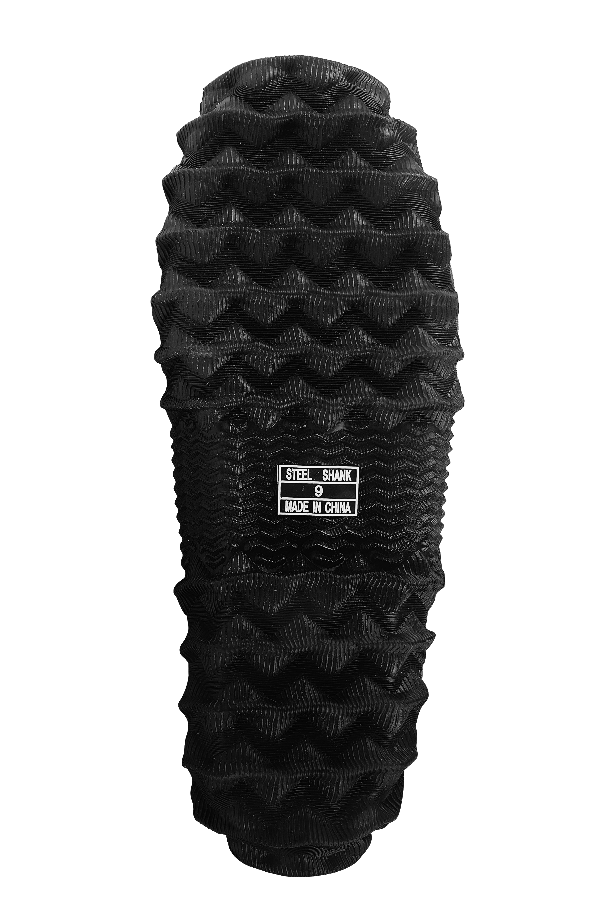 alt="Close-up of the outsole of Trudave FrostTrail Series men’s waterproof neoprene hunting chest waders with boots in Real Reed camo showing deep tread pattern, slip-resistant rubber sole, and reinforced waterproof build designed for traction and durability during duck hunting"